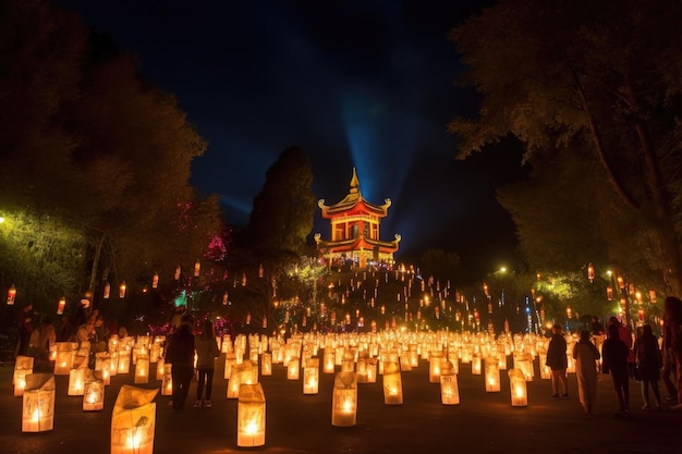 Lichterfest mit Laternen und Fackeln, die den mit generativer KI geschaffenen Nachthimmel erhellen