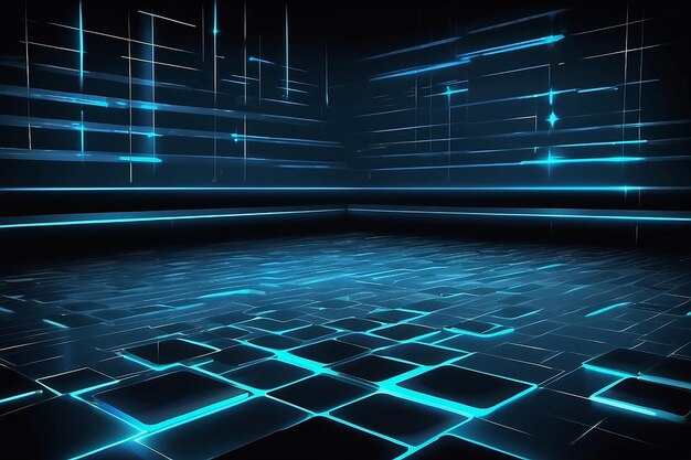 Lichtglühen Technologie Bühne 3D-Vektor schwarzer Hintergrundblau Glühen Grunge Oberfläche Illustration Abstract Elektronik
