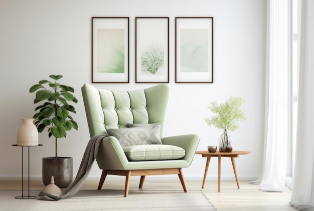 Foto lichtgrüne wingback-stühle kontrastieren mit weißen wänden und großen kunstposterrahmen