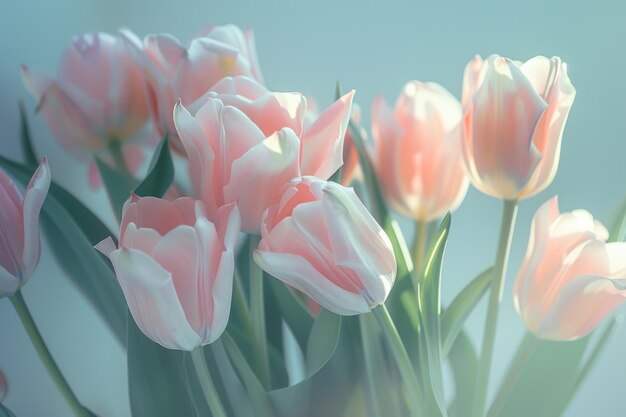 Lichtrosa Tulpenbüchel auf einem einfachen Hintergrund mit weichem Licht und geringer Schärfentiefe