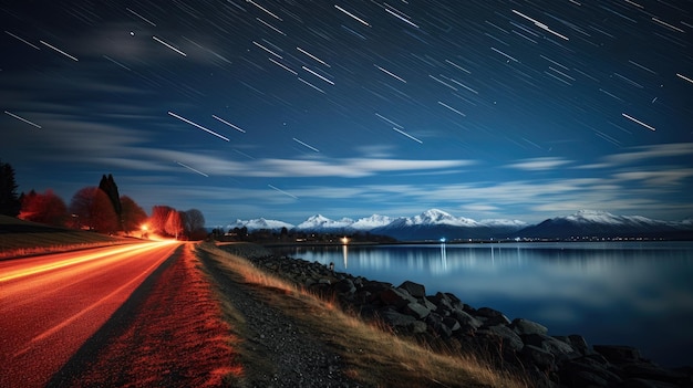Foto lichtspuren auf einem bergpass während eines meteorschaums