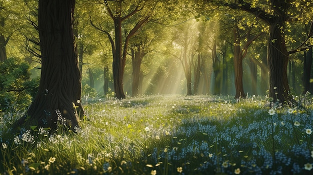 Lichtstrahlen in einem tiefen Wald Bäume Kegel Weg Grünheit Sonne blühende Natur Dickicht Taiga Löschen von Brennholz Rand Kiefer Nadeln Feld Garten Tiere Luft Beeren erzeugt von KI