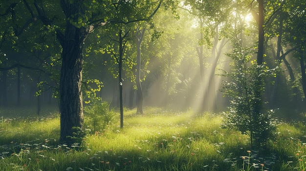 Lichtstrahlen in einem tiefen Wald Bäume Tiere Beeren Kegel Pfade Grünheit Sonne Blüten Natur Dickicht Taiga Löschen von Brennholz Rand Kiefern Nadeln erzeugt von KI