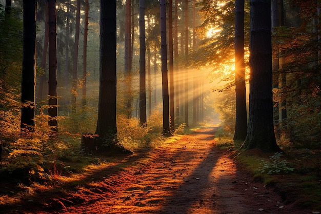 Lichtstrahlen leuchten in einer herbstlichen Waldszene