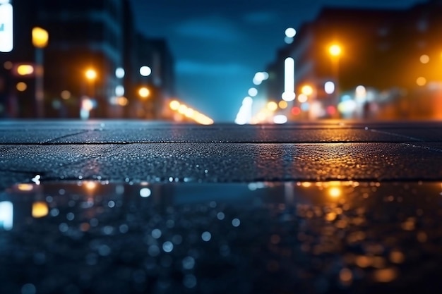 Lichtwirkung verschwommener Hintergrund Feuchter Asphalt Nachtansicht der Stadt Neon-Reflexionen auf dem