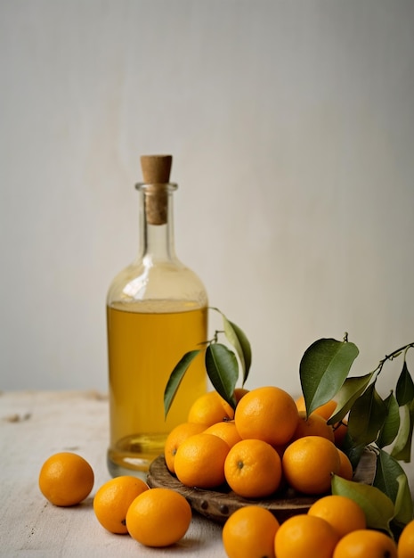 Licor de kumquat com kumquat sobre fundo claro Tintura de kumquat grego