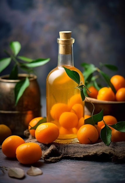 Licor de kumquat com kumquat sobre fundo claro Tintura de kumquat grego