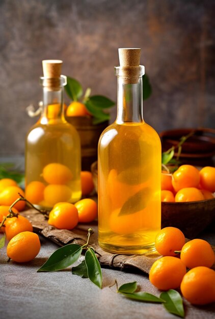 Licor de kumquat com kumquat sobre fundo claro Tintura de kumquat grego