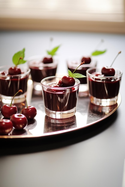 Foto licor de ginga en vasos pequeños con cerezas crudas en la mesa