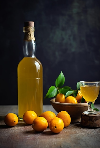 Licor de kumquat con kumquat sobre fondo claro Tintura griega de kumquat