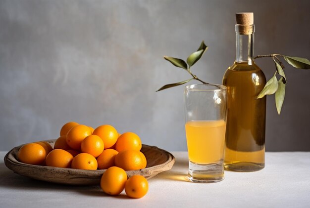 Licor de kumquat con kumquat sobre fondo claro Tintura griega de kumquat