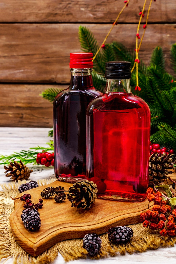 Foto licor ou tintura de frutas vermelhas festivas como ingrediente para o preparo de coquetel de álcool