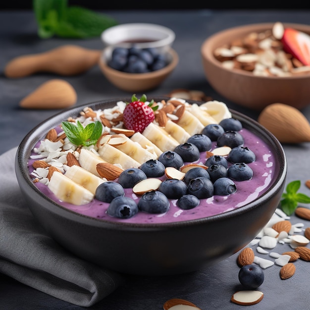 licuado estético de mora y varias frutas en una taza IA generativa