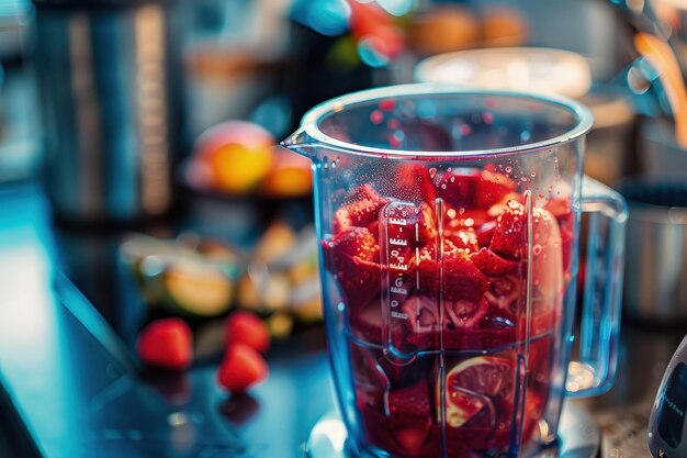 Foto una licuadora llena de fresas en la parte superior de un mostrador