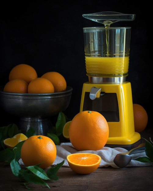 Una licuadora con naranjas y un recipiente amarillo en el que se vierte un líquido.