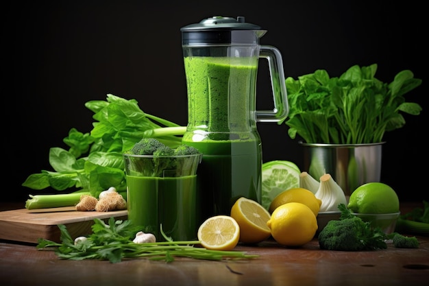 Licuadora con vegetales verdes para un jugo saludable