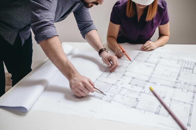 líder de equipe conversando com gerente de projeto ou empreiteiro geral sobre planos de construção