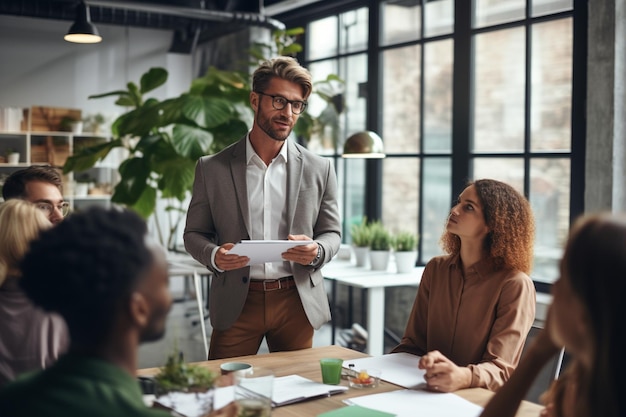 líder de equipe focado apresentando plano de marketing para colegas de trabalho multirraciais interessados