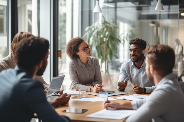 líder de equipe focado apresentando plano de marketing para colegas de trabalho multirraciais interessados