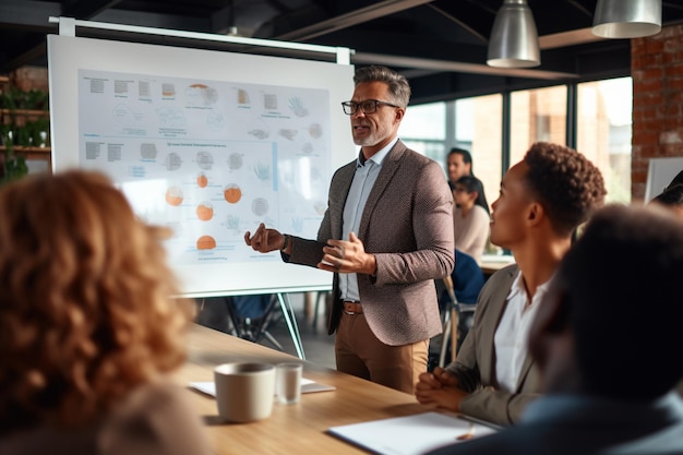 Foto líder de equipe focado apresentando plano de marketing para colegas de trabalho multirraciais interessados