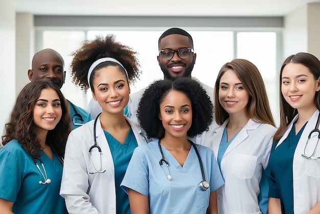 Líder de grupo de estudantes de medicina e retrato de clínica com felicidade diversidade ou solidariedade para os cuidados de saúde Enfermeira homem e mulher negros para o serviço de motivação ou colaboração no hospital para a aprendizagem