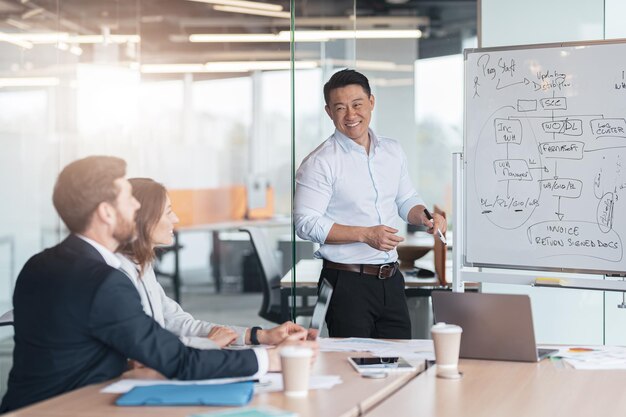 Foto líder de negócios masculino qualificado treinando pessoas de negócios interessadas