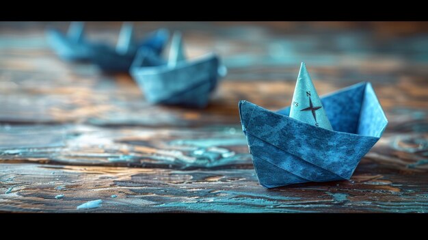 Foto líder de uma pequena frota branca de barcos em uma mesa de madeira com um ícone de bússola em papel azul