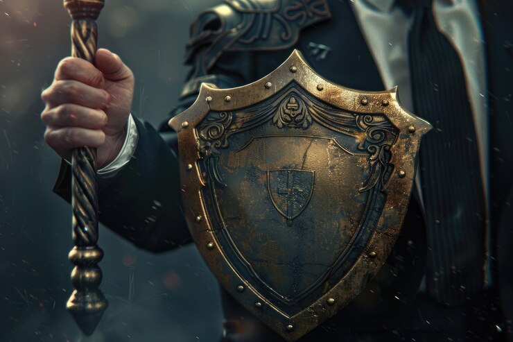 Foto líder empresarial con martillo y escudo jurídico
