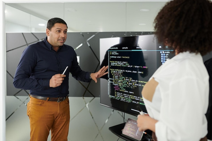 Foto líder de equipo emocional discutiendo errores en el código de programación con el desarrollador