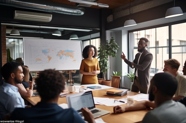 Líder de equipo enfocado que presenta el plan de marketing a compañeros de trabajo multirraciales interesados.