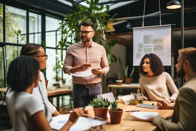 Líder de equipo enfocado que presenta el plan de marketing a compañeros de trabajo multirraciales interesados.