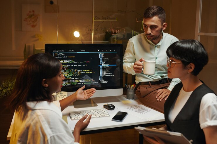 Foto el líder del equipo hablando con sus compañeros de trabajo