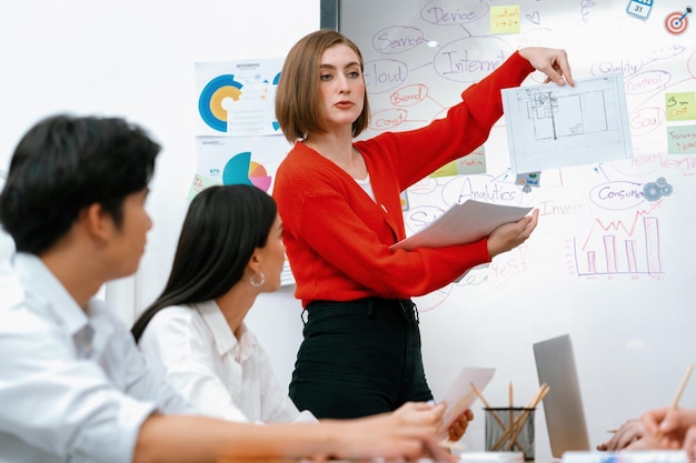 Foto líder feminina apresenta plano de marketing usando gráfico de mapa mental imaculado