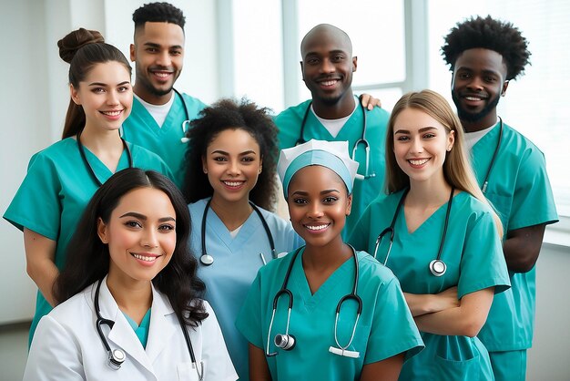 Líder de grupo de estudiantes de medicina y retrato de clínica con felicidad diversidad o solidaridad para la atención médica enfermera hombre y mujer negros para el servicio de motivación o colaboración en el hospital para el aprendizaje