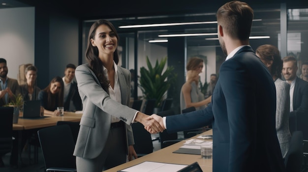 Líder mulher amigável chefe aperta a mão de novo membro do pessoal dando as boas-vindas ao empregado masculino no trabalho
