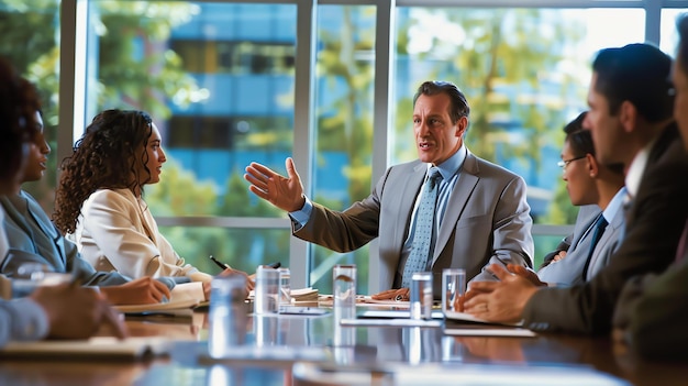 Líder de negocios confiado en una reunión con su equipo