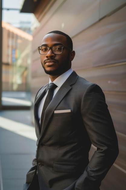 Un líder de negocios exitoso en un traje formal sonriendo con confianza en una oficina moderna que ejemplifica el liderazgo y la visión en un entorno corporativo diverso