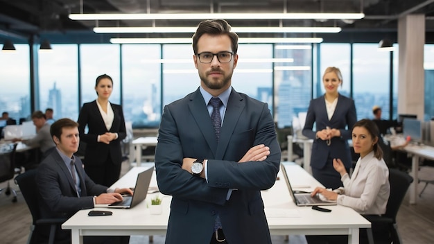 Líder de negocios en una oficina moderna con hombres de negocios trabajando