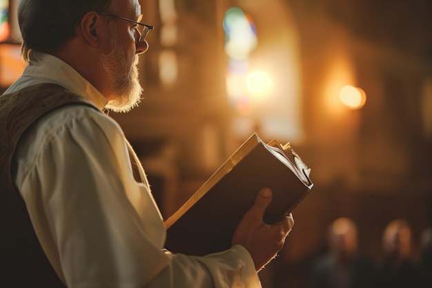 Líder religioso segurando a Bíblia Dando sermão perante a congregação Radiando orientação espiritual