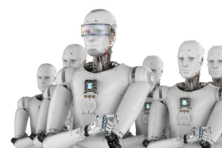 Foto líder de robot android de renderizado 3d con equipo