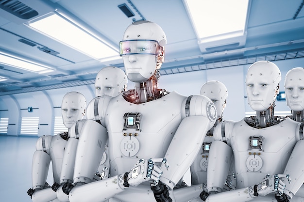 Líder de robot android de renderizado 3D con equipo