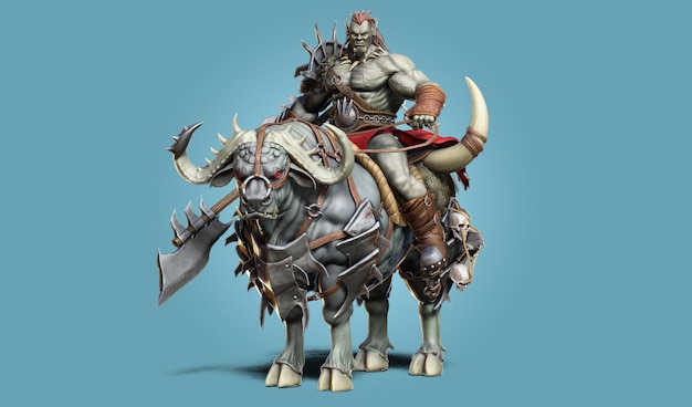 Líder de Savage Orc Brute corriendo a la batalla con una armadura tradicional y equipado con un mayal. Personaje con temática de fantasía sobre un fondo blanco aislado. Representación 3D