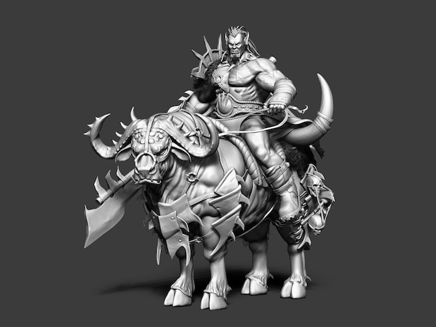 Líder de Savage Orc Brute corriendo a la batalla con una armadura tradicional y equipado con un mayal. Personaje con temática de fantasía sobre un fondo blanco aislado. Representación 3D