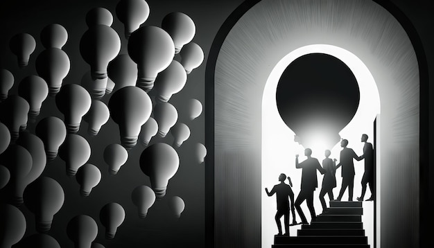 Un líder de silueta y su equipo subiendo una escalera hacia una puerta en forma de bulbo ai generativo