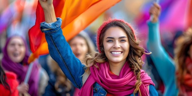 Liderando uma manifestação de protesto pela justiça social e direitos humanos Um conceito de empoderamento de mulheres Justiça social Direitos humanos Mulheres empoderamento manifestação de protesta Ativismo