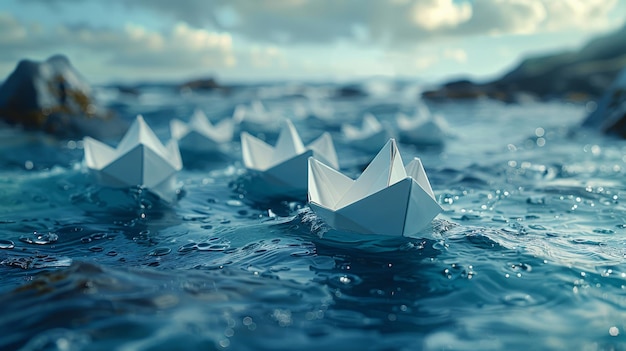 Liderar una flota de barcos blancos alrededor de las rocas en aguas agitas Concepto de liderazgo