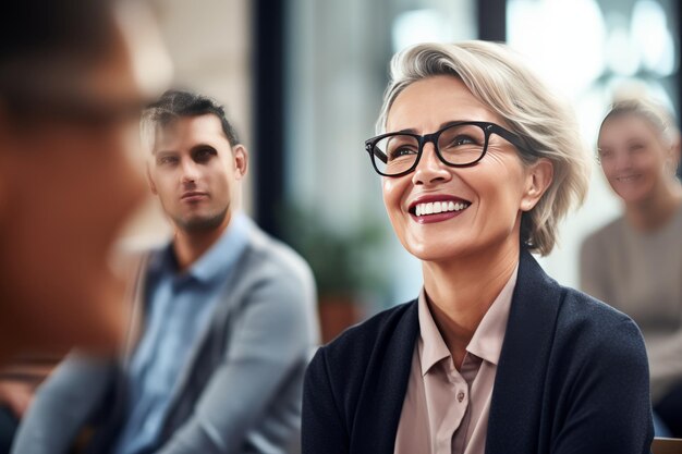 El liderazgo empoderado involucró a una mujer de negocios con gafas que inspira el trabajo en equipo y la innovación