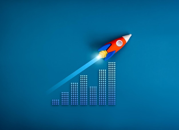 Liderazgo empresarial crecimiento innovación de marketing digital tecnología industrial objetivo y concepto de éxito juguete de cohete volando como flecha ascendente en el gráfico de crecimiento pasos aislados en fondo azul
