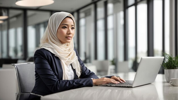 Liderazgo global Representa una poderosa mujer de negocios asiática con hijab en la vanguardia de los negocios globales