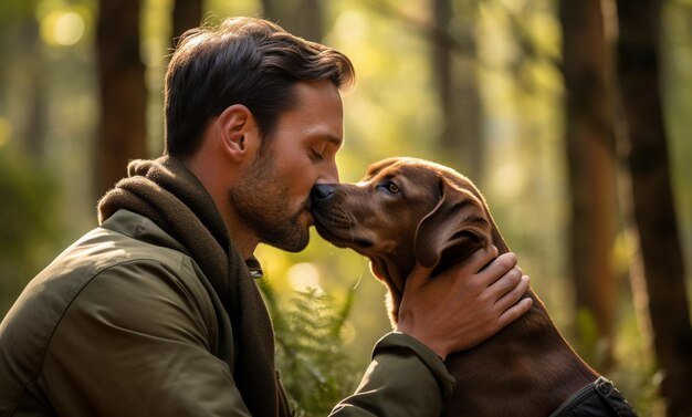 Liebe ein Mann und sein Hund in einer zarten Umarmung feiern